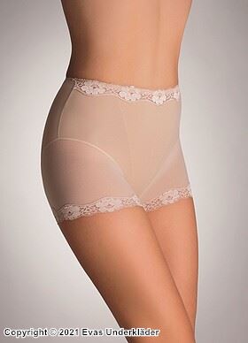 Boxer shorts, lace trim, sheer inlays, belly control